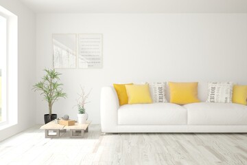 Obraz premium White living room with sofa. Scandinavian interior design. 3D illustration