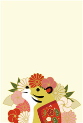 2022年　寅年　年賀状テンプレート　縦　文字なし　シンプル　梅　菊/2022 Year of the Tiger, Plum, and Chrysanthemum Japanese Greeting Card, Great for New Year's Card and Invitations (Vertical) - Vector Image (No Text)