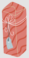 Simple minimalistic illustration of vintage gift box present wrapped by red paper with wavy print and tied with white bow