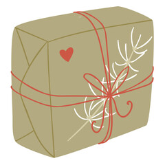Simple minimalistic illustration of vintage gift box present wrapped by beige craft paper with fir branch, heart and tied with red bow - 471946129