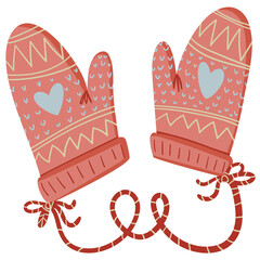 Cute simple minimalistic illustration of red knitted mittens with blue and beige ornament - 471946187