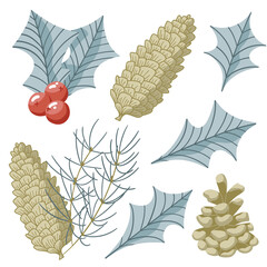 Simple minimalistic illustration of beige and brown pine cone with blue needles and holly leaves and red berries - 471946190