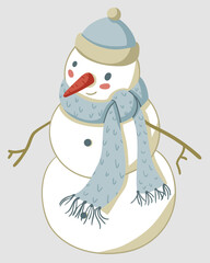 Cute illustration of smiling snowman with blue warm hat and scarf and bare branches as hands - 471946309