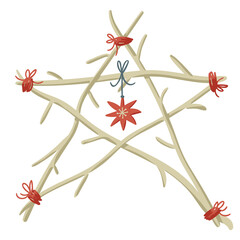 Cute simple minimalistic illustration of handmade star with bare branches tied by red thread - 471946318