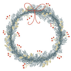 Simple minimalistic illustration of coniferous round wreath, with leaves, rowanberry and red bow - 471946337
