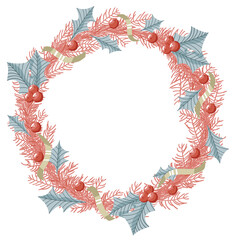 Simple minimalistic illustration of coniferous round wreath, with leaves, holly leaves and berries and beige ribbon - 471946340