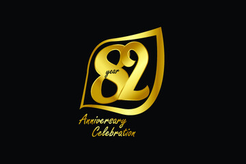 82 year anniversary gold color minimalist logo with golden leaf line jubilee, greeting card. Birthday invitation sign. Gold space vector illustration on Black background - Vector