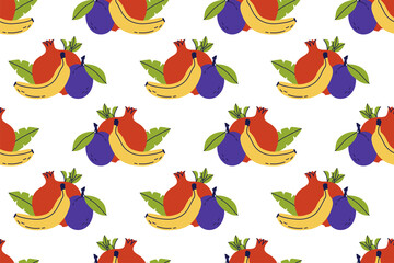 Fruit seamless pattern. Hand drawn vector illustration. Sweet exotic food. Color pomegranat, banana and plum with leaves