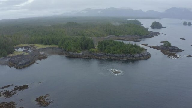 Aerial shot of the beautiful landscape of the native American island on an overcast day,  Annette Island Southern Alaska