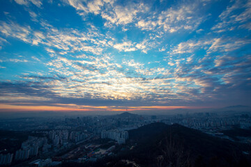 Sunrise behind Seoul Tower in Korea.