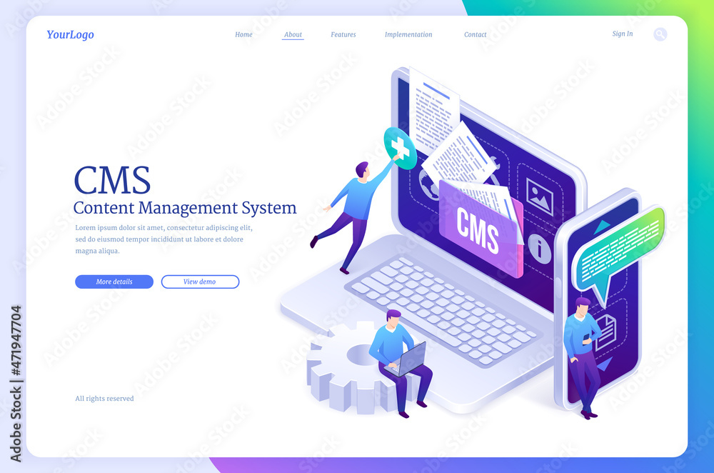 Poster content management system banner. concept of development software for social media, update and admin