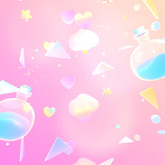 3d rendered cartoon magic love potions floating in the air with clouds, hearts, stars, glossy triangles, and magic sparkles fx.