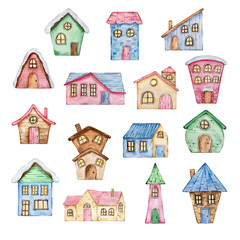 winter town elements, different cute houses