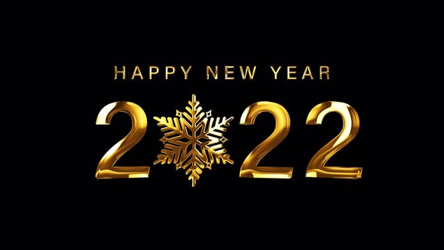 2022 Happy New Year bright golden text and snowflakes with looping light glowing effect animation on black. 4K 3D seamless loop typography design. 2022 Happy new year celebration festival sign gold co
