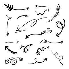 hand drawn arrow icon set isolated on black background. Doodle vector illustration.