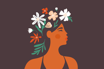 Young beautiful woman with flower hair. Female mental health, blooming brain, positive mind. Girl with head floral wreath. Nature beauty. Self care, love, wellbeing. Women day art vector illustration
