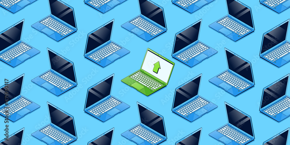 Wall mural seamless pattern with isometric modern laptops, notebook computers on blue background. technology wa