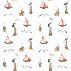 Seamless marine pattern with water texture, handmade toys boats, birds pelicans and seagulls. Watercolor print of sea symbols and design elements.