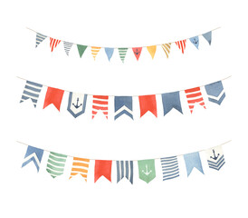 Set of bunting garlands in marine style, colored and striped checkboxes, watercolor isolated illustration on white background for your design holidays or party. 