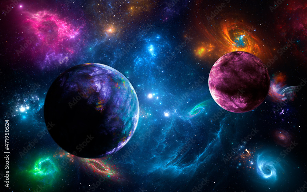 Wall mural panorama space scene with planets, stars and galaxies. banner template. many nebulae and galaxies in