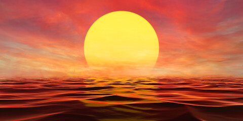 Fantasy sunset sunrise on sea panorama, bright beautiful sunset colored clouds. Reflection sky and sun at dawn in water. Sun set over horizon at sunset