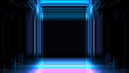 Futuristic showcase neon color light podium stage. Abstract blurred glass transparent background showcase scene shop. Futuristic modern fantasy black  showcase corridor. 3d render