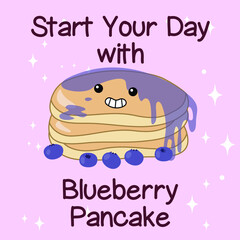 Set of cute blueberry pancake vector. Cute illustration strawberry pancake. Kawaii pancake. Cute vector set. Hand-drawn vector set. 