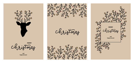 Set of universal hand drawn Merry Christmas and Happy New Year cards, ornate floral template for cover. Deer horns with flowers. Children abstract and floral design in doodle style.