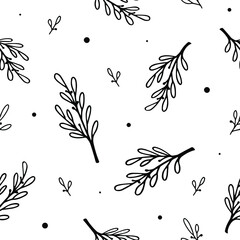 Seamless floral pattern with decorative black flowers, twigs, grass and leaves. White isolated background. Botanical print. Great for fabric, textile, cards. - 471951317