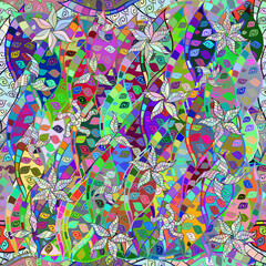 Fototapeta na wymiar Seamless pattern with interesting doodles on colorfil background. Raster illustration.