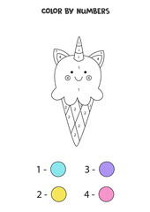 Color unicorn ice cream by numbers. Worksheet for kids.