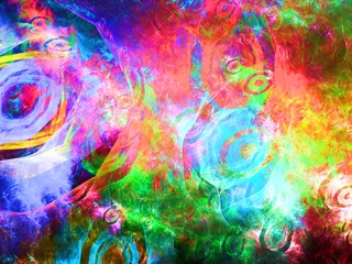 Fototapete Gemixte farben Creación de arte digital fractal compuesto de figuras coloridas circulares irregulares aglomeradas formando una especie de anillos gaseosos distorsionados por el tiempo.
