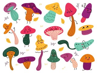 Cute mushrooms characters. Funny cartoon forest fungus, fairytale anthropomorphic natural objects, childish vegetable objects, cute autumn funny collection, vector doodle isolated set