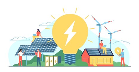 Green energy sources. Future electricity generation. People with laptops, solar panels and wind turbines. Ecological lifestyle. Glowing light lamp. Vector renewable eco technologies - obrazy, fototapety, plakaty