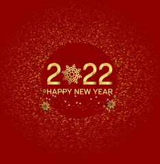 happy new year 2022 golden number with snowflake and round glitter isolated red background