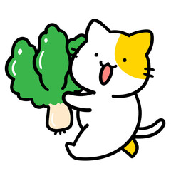 ほうれん草を持ち運ぶかわいいねこの手書き風イラスト