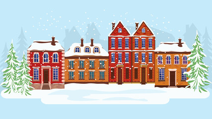 Fototapeta premium Winter cityscape, Christmas background, greeting card, old Europe architecture, space for text or design, flat vector illustration.