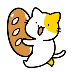 フランスパンを持ち運ぶかわいいねこの手書き風イラスト