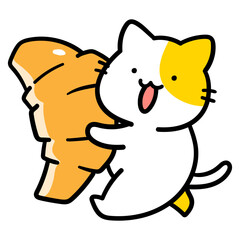 クロワッサンを持ち運ぶかわいいねこの手書き風イラスト