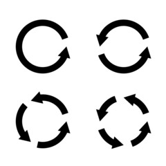 Recycling eco circle. Black arrows. Round circular signs. Recyclable garbage reuse graphic icon templates. Rotation circles. Environment protection. Waste reduce. Vector symbols set