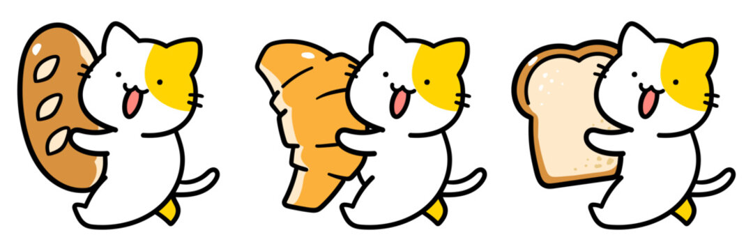 様々なパンを持ち運ぶかわいいねこの手書き風イラストセット Stock Vector Adobe Stock