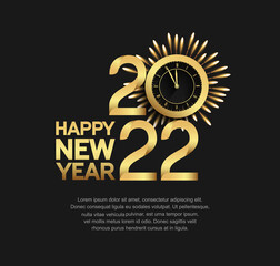 happy new year 2022 golden number with firework and clock isolated black background