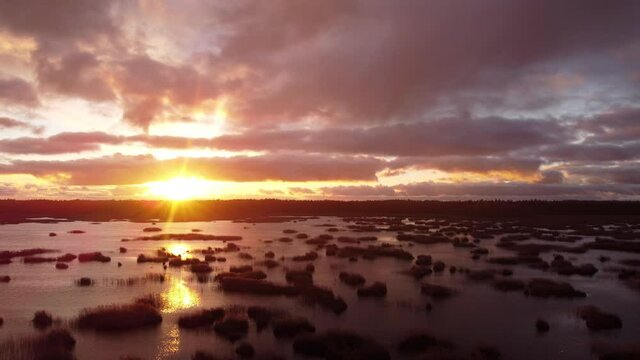 Sunset view of lake Kanieris with small reeds clumps and sun in left side and small rain drops, straight areal shot, outumn, Latvia.