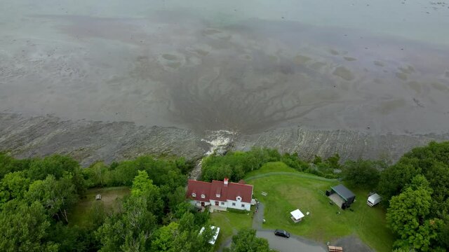 Waterfall Flowing into the Saint Lawrence River in Beaumont, Quebec, Aerial