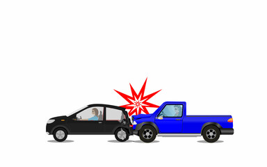 Naklejka premium Vector illustration of a cartoon car accident. Car accident need to justice in case can not negotiations. 2 car accident crash together vector.
