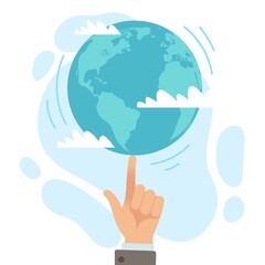 Global control. Person twisting planet on finger. International management. Leadership and authority. World government holding Earth. Corporations manage marionette. Vector concept