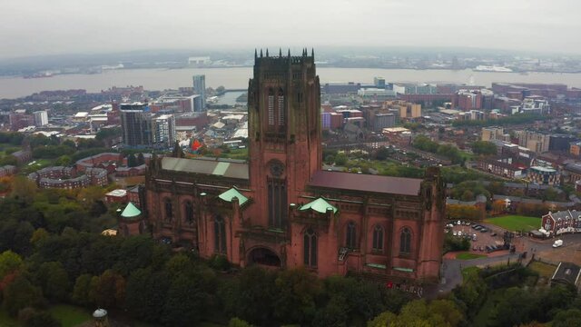 Aerial view of the Liverpool Cathedral or Cathedral Church of Christ of the Risen Christ on St James Mount in Liverpool, UK