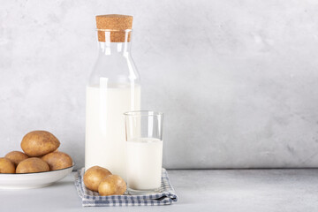 Dairy-free potato drink in glass and bottle. Alternative potato milk and potato tubers on gray table. Copy space