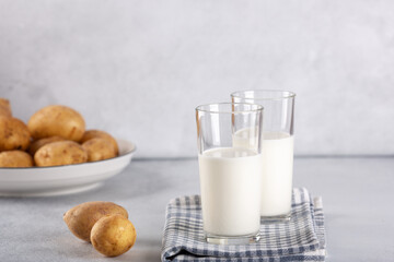Dairy-free potato drink in glasses. Alternative potato milk and potato tubers on gray table. Copy space