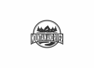 mountain and river illustration logo in white background